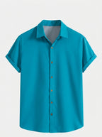 Men's Casual Linen-Feel Printed Solid Color Button Short Sleeve Shirt