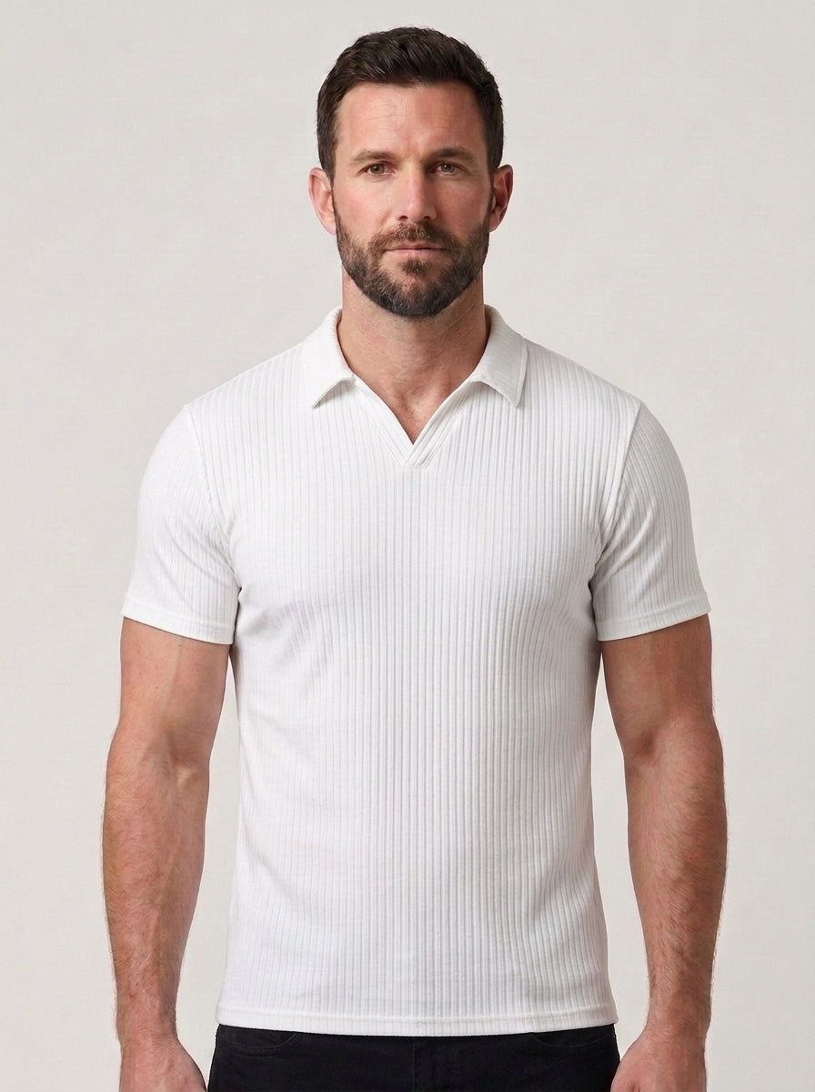 Cotton Knit Striped Textured Short Sleeve Polo Shirt