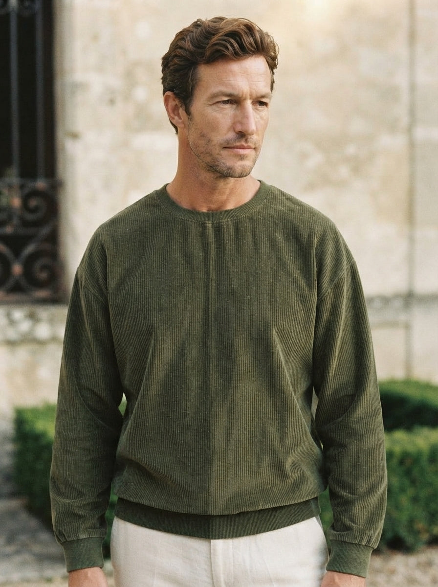 Casual Corduroy Drop Shoulder Sweatshirt - Army Green Estate Closeup
