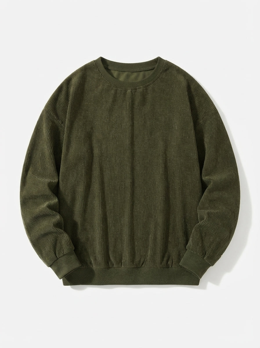 Casual Corduroy Drop Shoulder Sweatshirt - Army Green Flat
