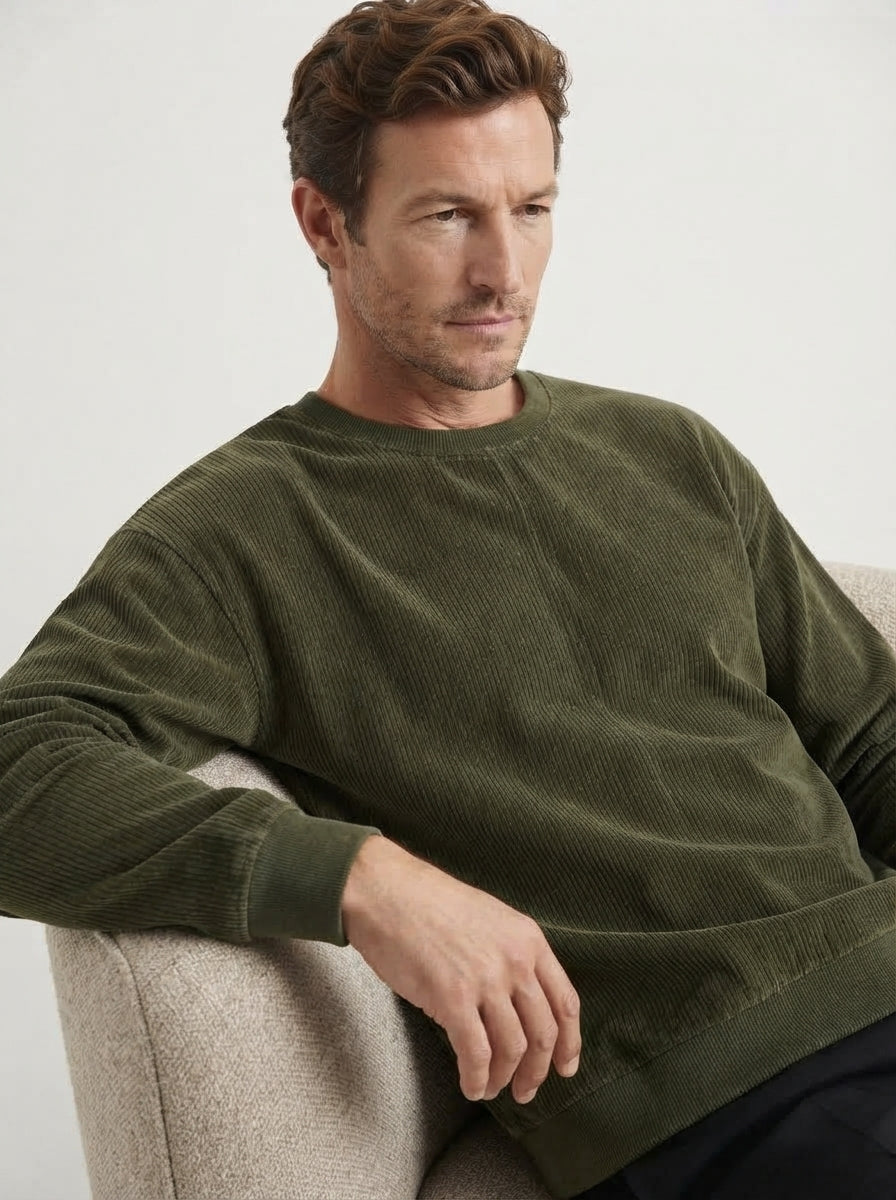 Casual Corduroy Drop Shoulder Sweatshirt - Army Green Model Seated