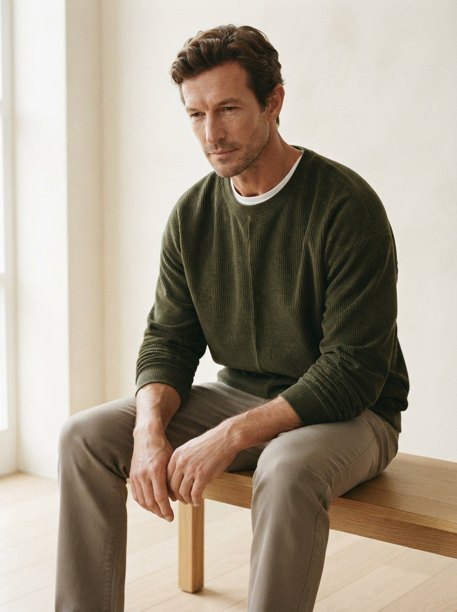 Casual Corduroy Drop Shoulder Sweatshirt - Army Green Natural Seated
