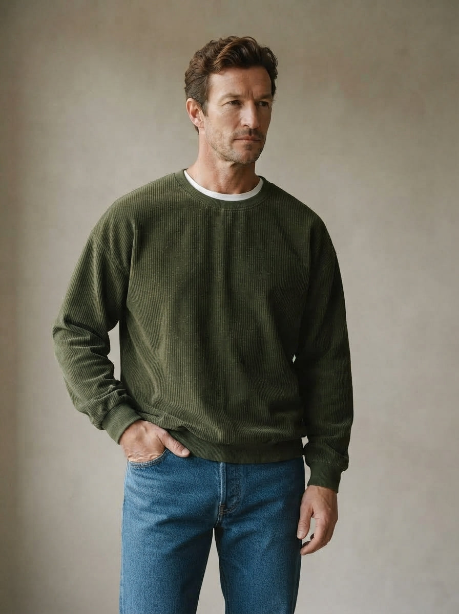 Casual Corduroy Drop Shoulder Sweatshirt - Army Green Natural Wall
