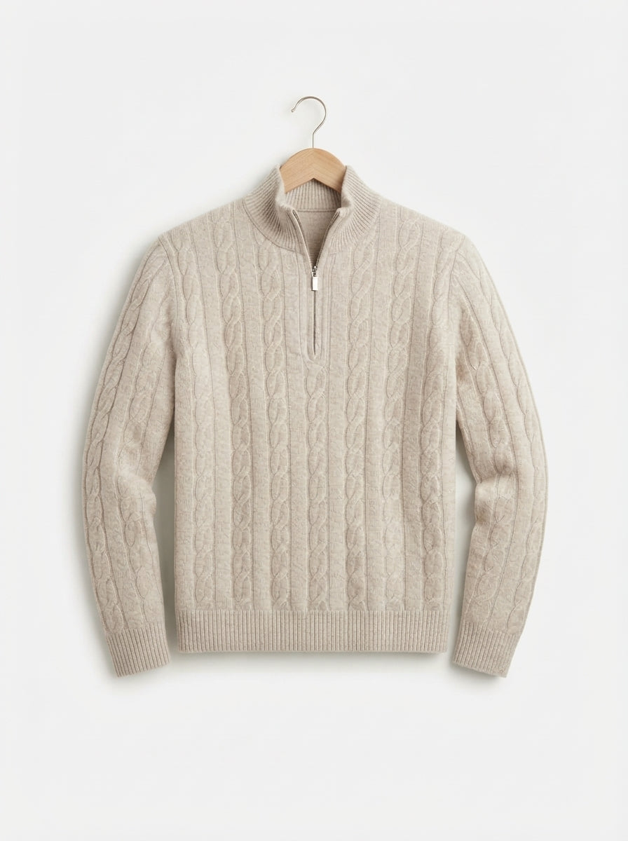 Merino Wool Cable Knit Quarter Zip Sweater