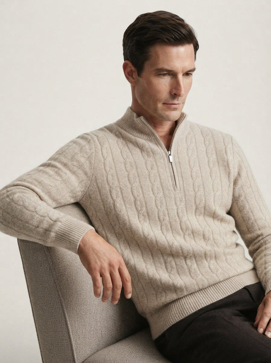 Merino Wool Cable Knit Quarter Zip Sweater