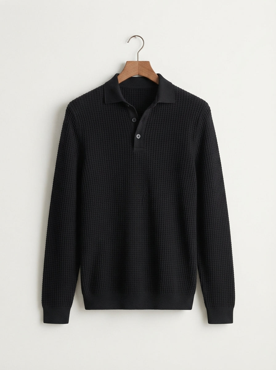 Fitted Long Sleeve Polo Waffle Shirt