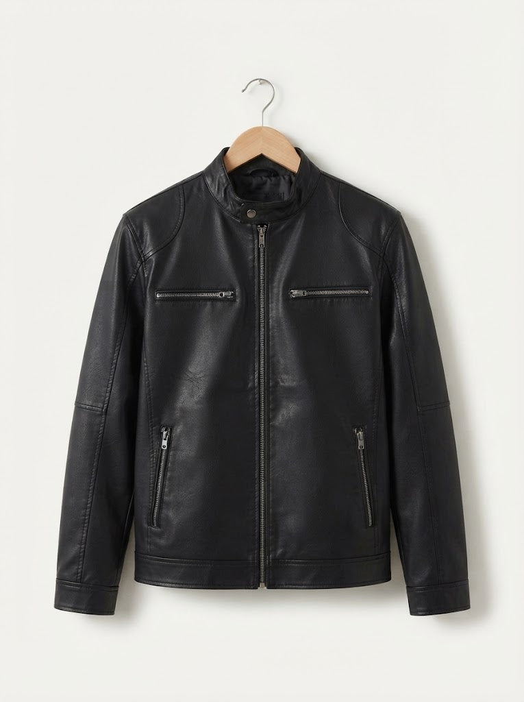 Casual Leather Stand Collar Biker Jacket