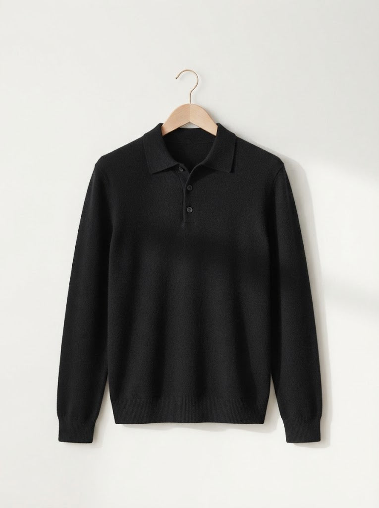 Men's Relaxed Textured Knit Open Collar Polo Jumper