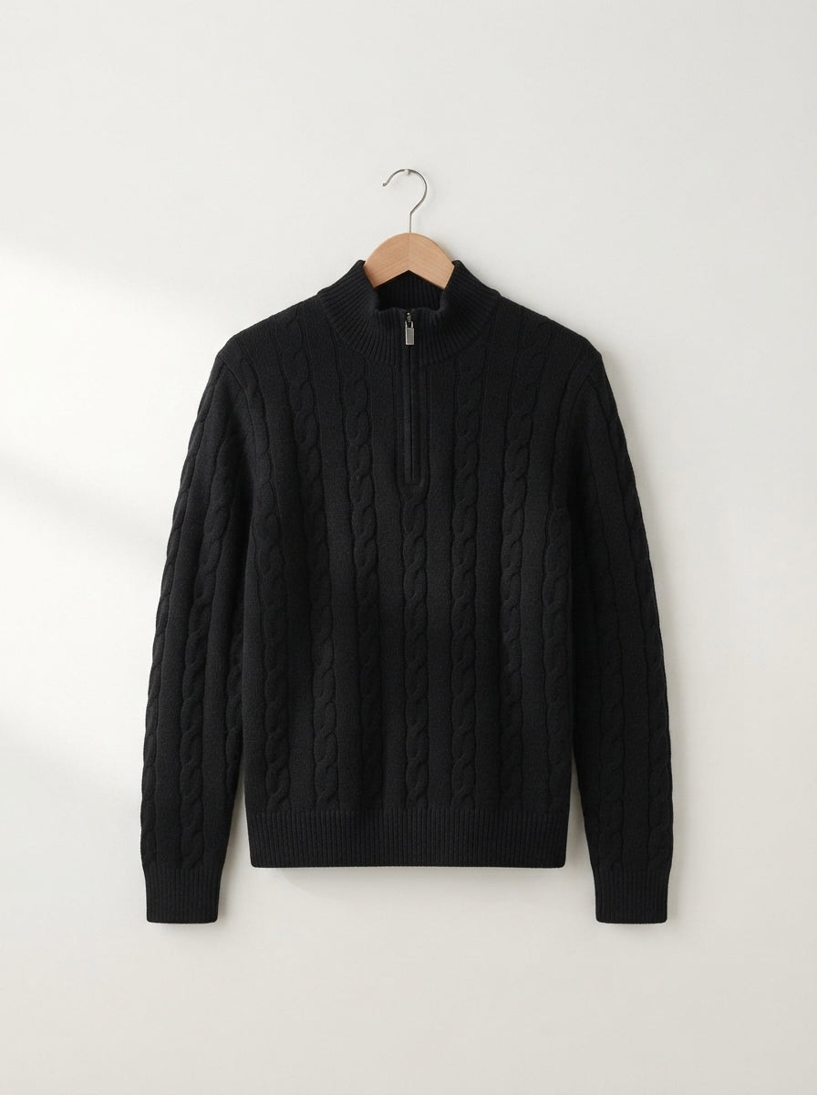 Merino Wool Cable Knit Quarter Zip Sweater