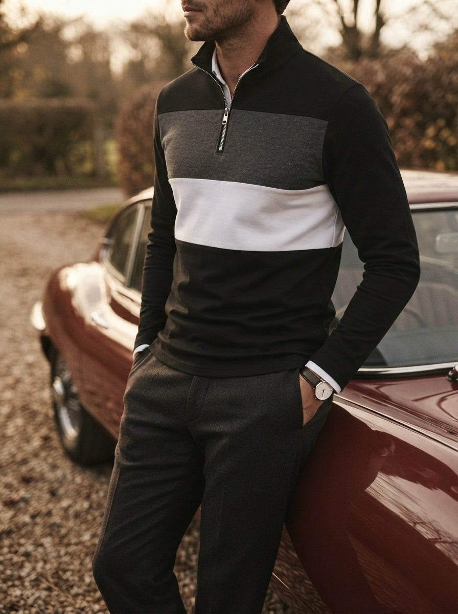 Knitted Colour Block Quarter-Zip Polo Shirt