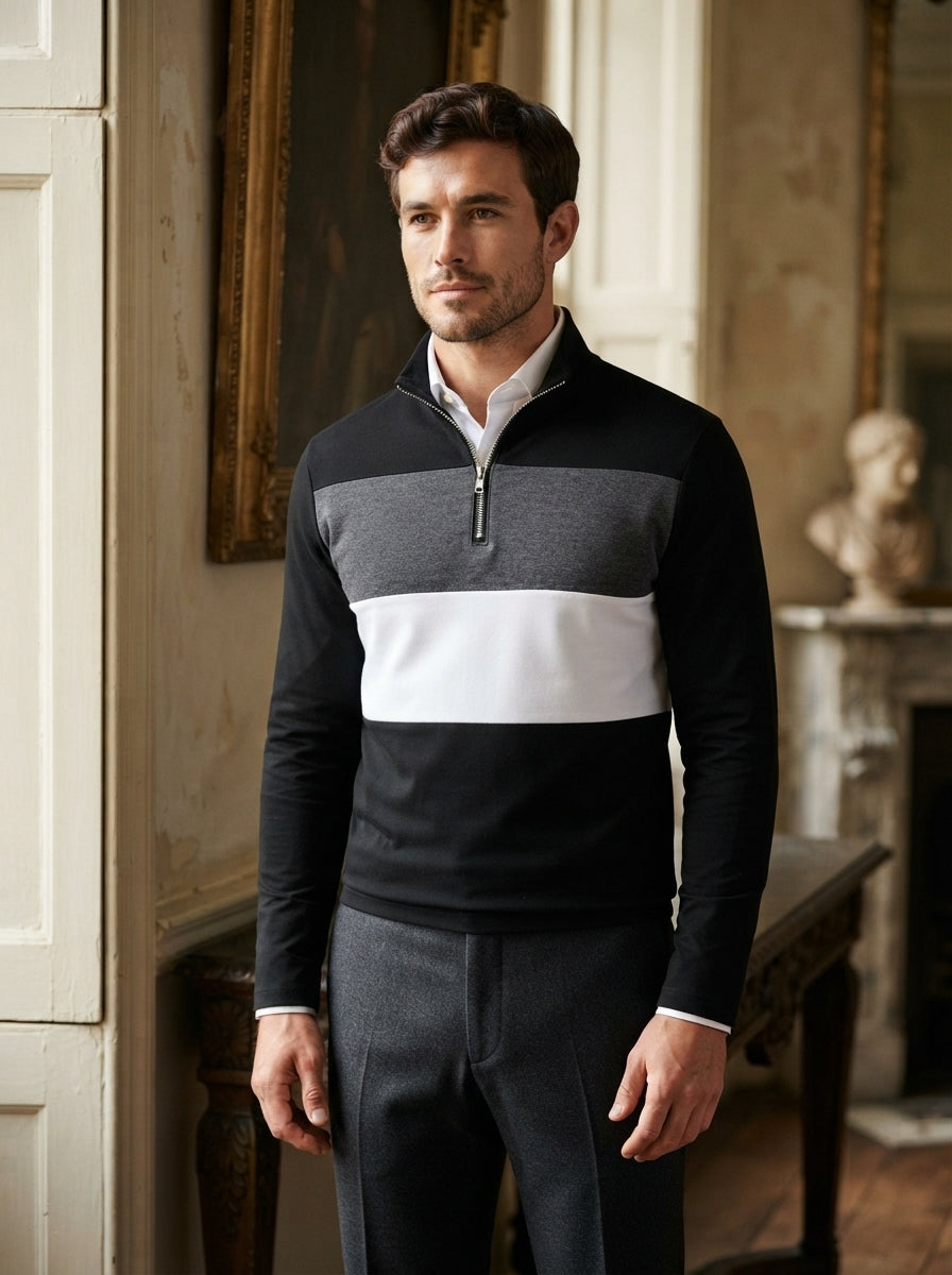 Knitted Colour Block Quarter-Zip Polo Shirt
