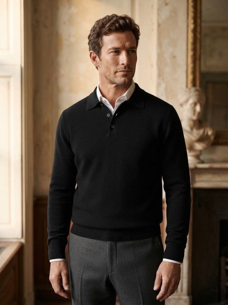 Men's Relaxed Textured Knit Open Collar Polo Jumper