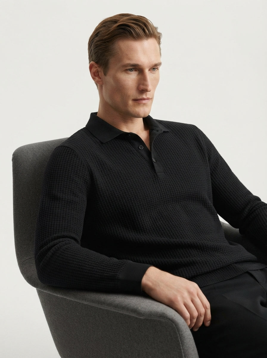Fitted Long Sleeve Polo Waffle Shirt