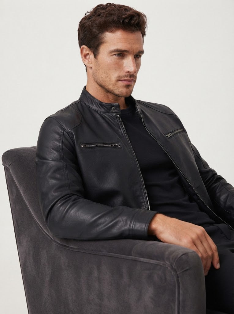 Casual Leather Stand Collar Biker Jacket