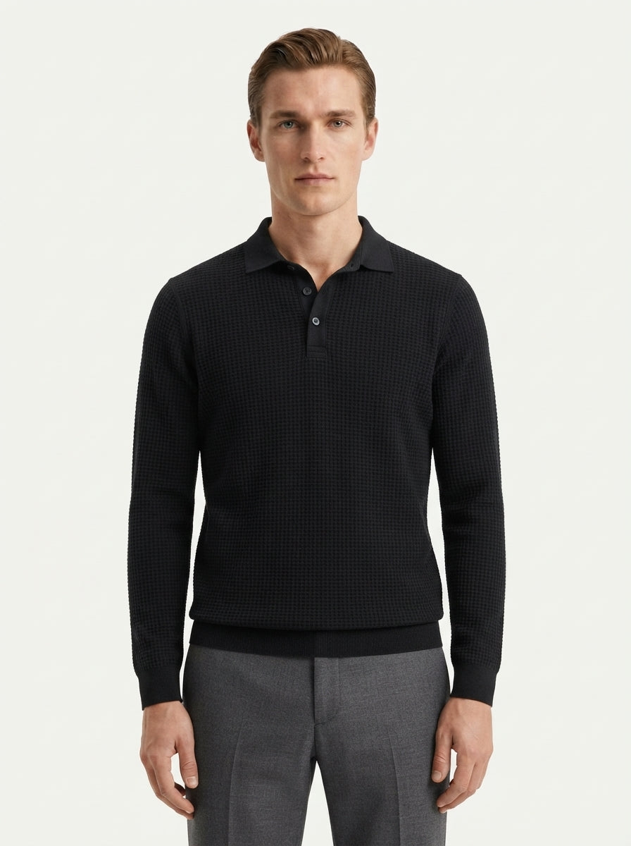 Fitted Long Sleeve Polo Waffle Shirt