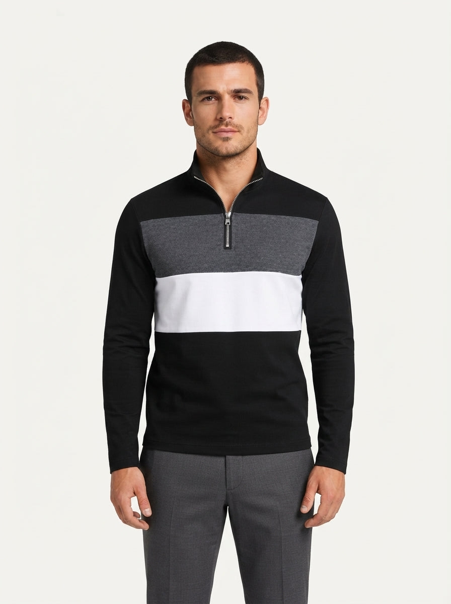 Knitted Colour Block Quarter-Zip Polo Shirt