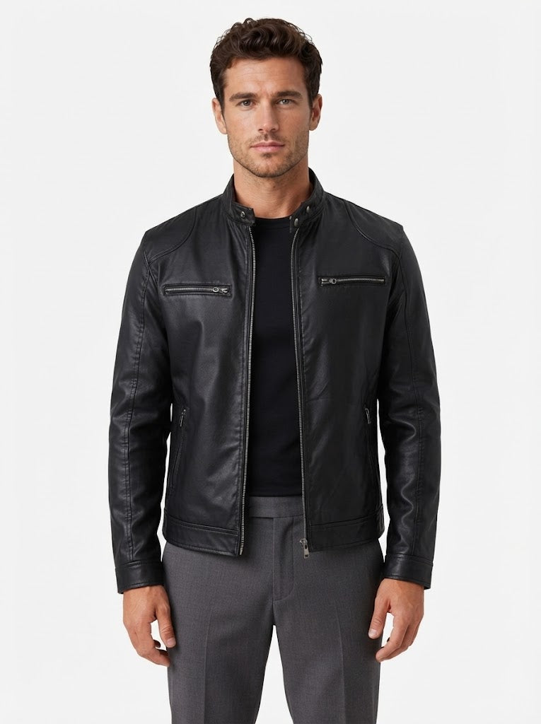 Casual Leather Stand Collar Biker Jacket