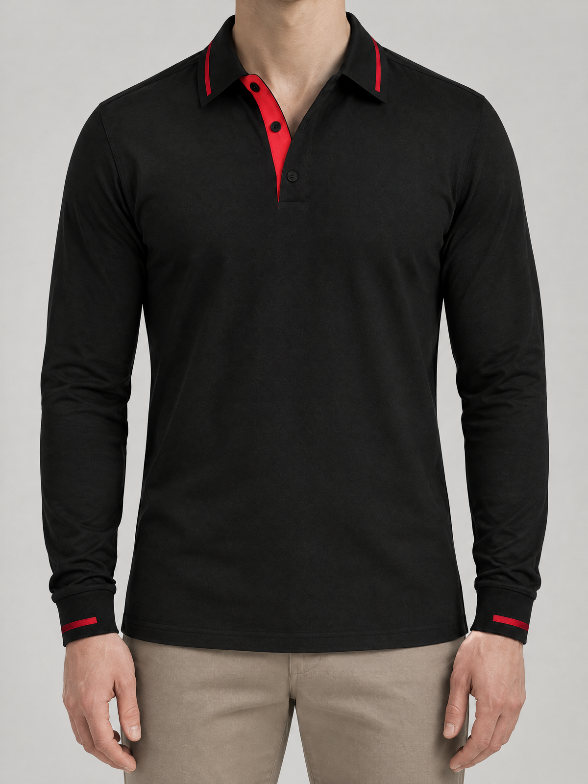 Ribbed Knit Long Sleeve Polo Shirt