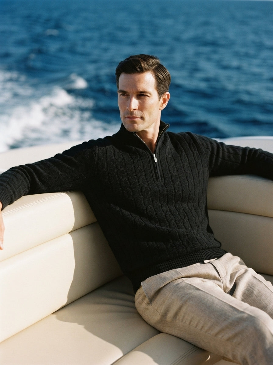 Merino Wool Cable Knit Quarter Zip Sweater