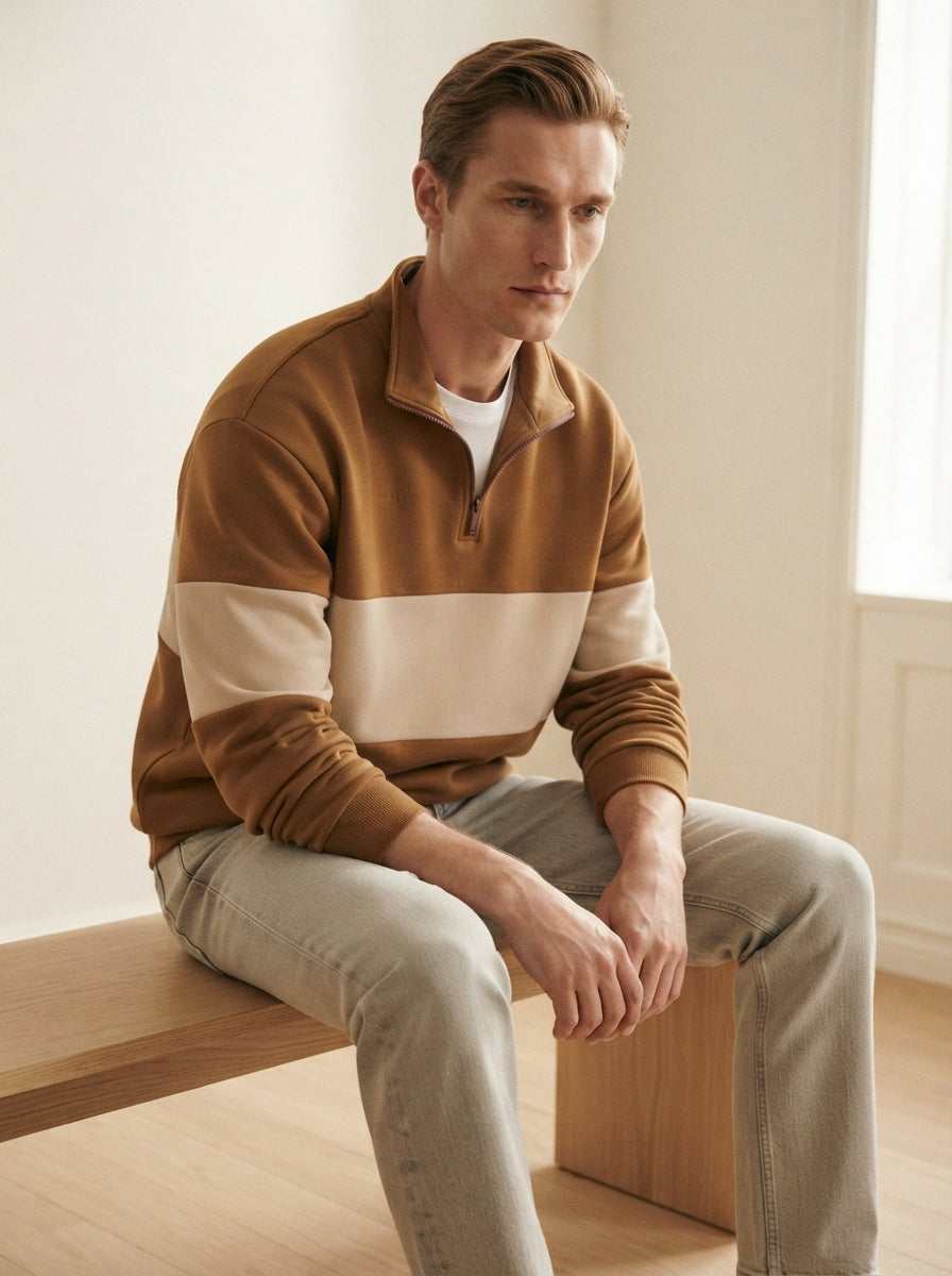 Casual Knitted Colorblock Half-Zip Sweatshirt