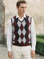 Smart-Casual Knitted Argyle V-Neck Sweater Vest - Burgundy