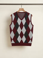 Smart-Casual Knitted Argyle V-Neck Sweater Vest - Burgundy
