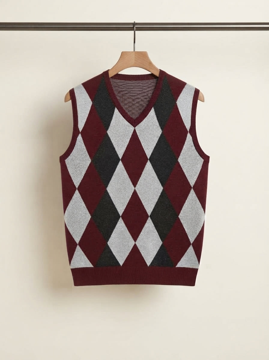 Smart-Casual Knitted Argyle V-Neck Sweater Vest - Burgundy