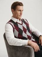 Smart-Casual Knitted Argyle V-Neck Sweater Vest - Burgundy