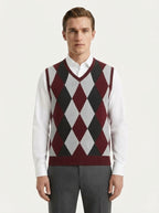 Smart-Casual Knitted Argyle V-Neck Sweater Vest - Burgundy