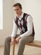 Smart-Casual Knitted Argyle V-Neck Sweater Vest - Burgundy