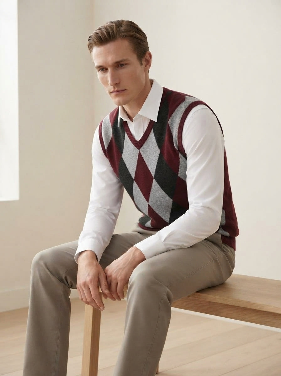 Smart-Casual Knitted Argyle V-Neck Sweater Vest - Burgundy