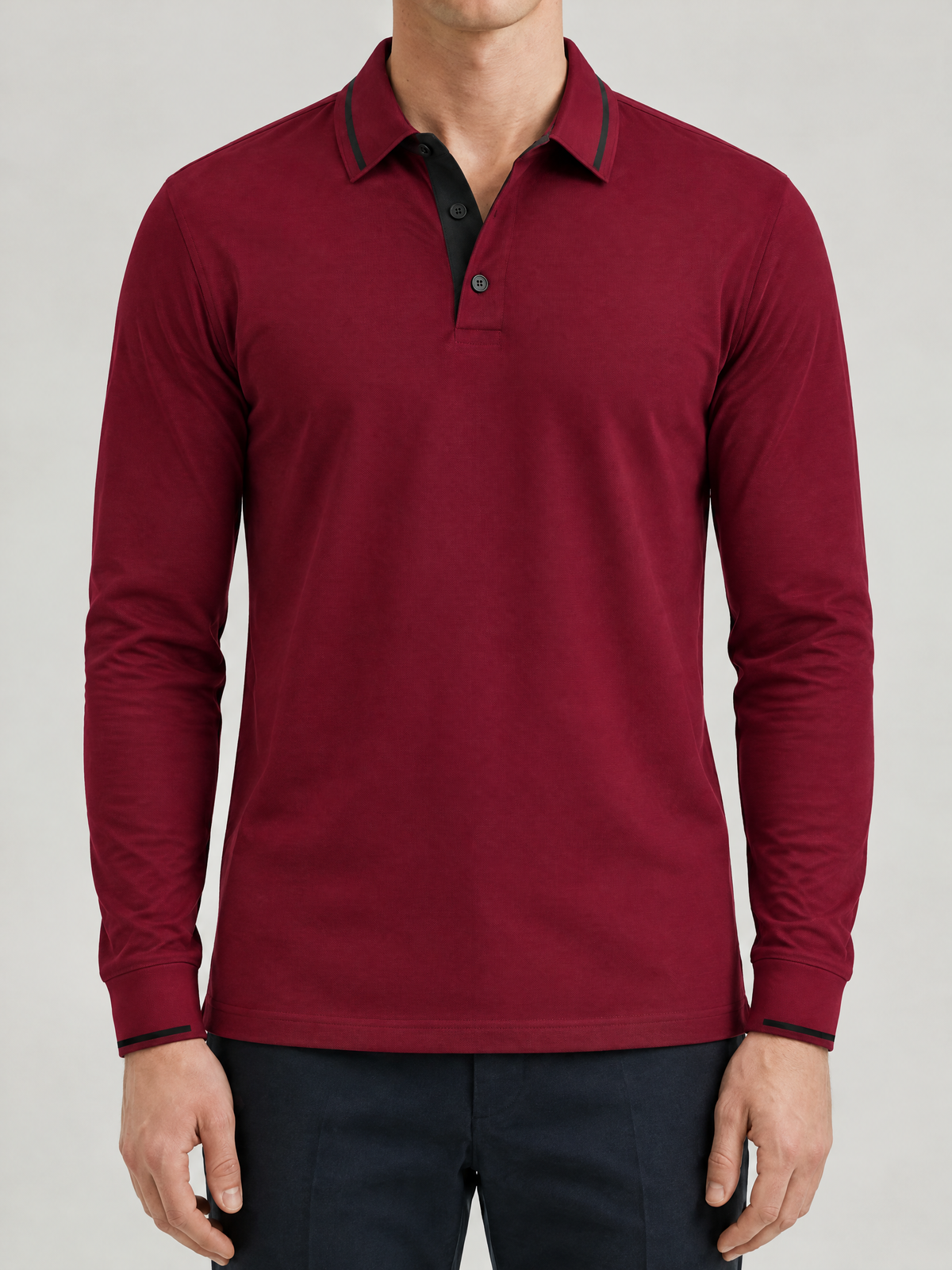 Ribbed Knit Long Sleeve Polo Shirt