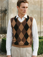 Smart-Casual Knitted Argyle V-Neck Sweater Vest - Coffee
