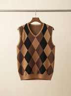 Smart-Casual Knitted Argyle V-Neck Sweater Vest - Coffee