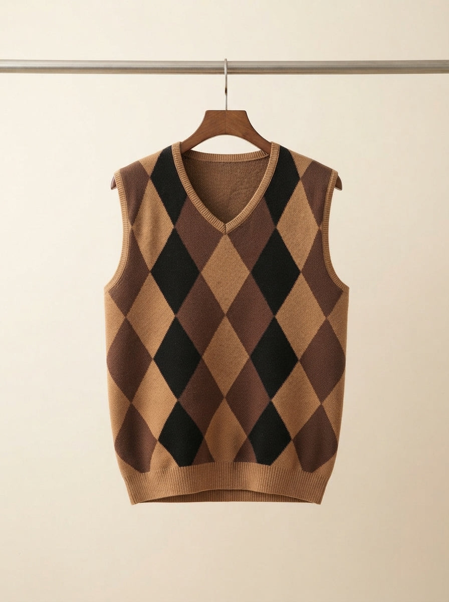 Smart-Casual Knitted Argyle V-Neck Sweater Vest - Coffee