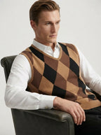 Smart-Casual Knitted Argyle V-Neck Sweater Vest - Coffee