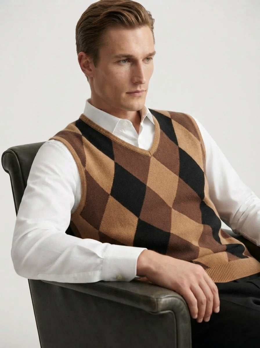 Smart-Casual Knitted Argyle V-Neck Sweater Vest - Coffee