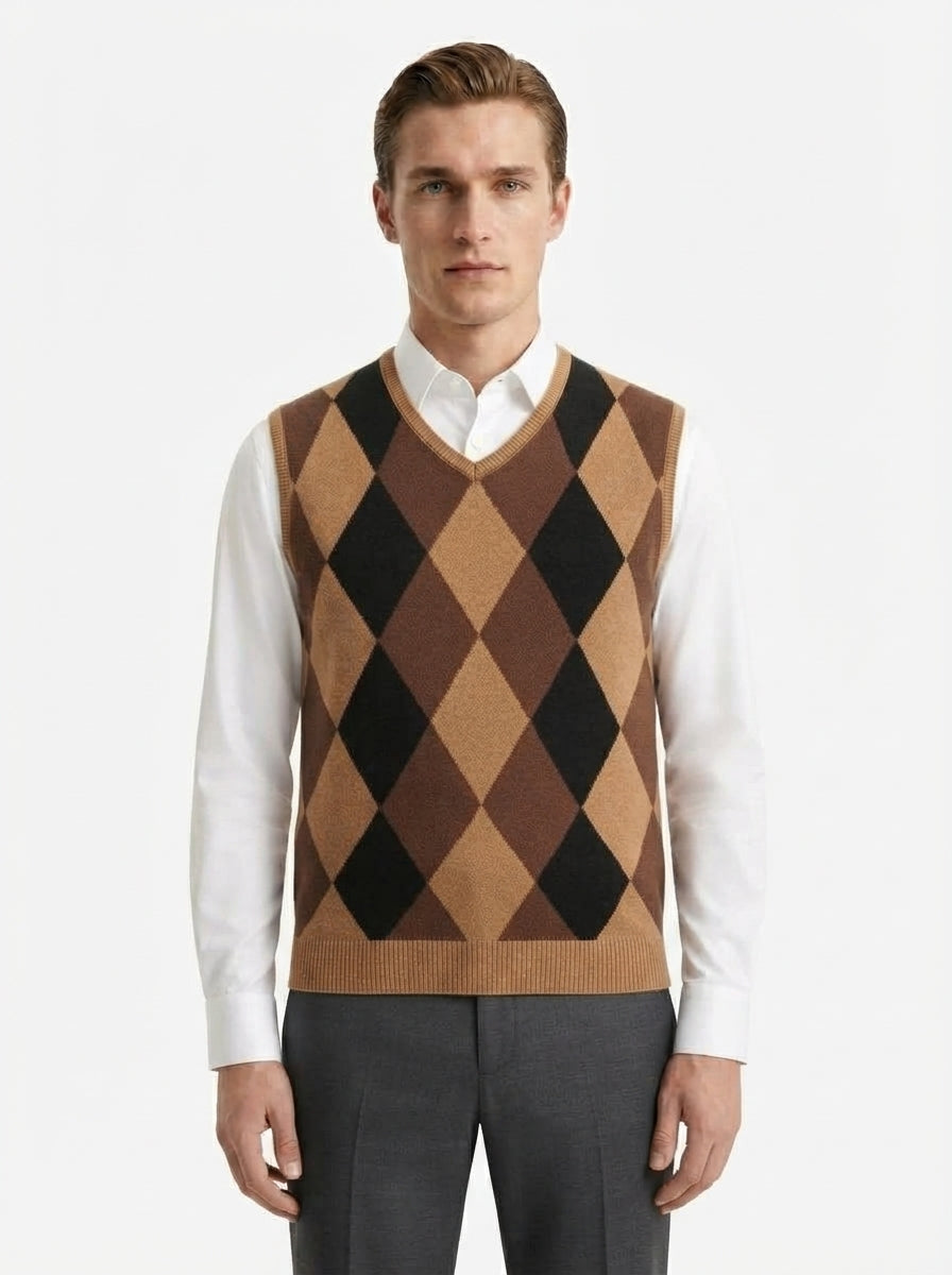 Smart-Casual Knitted Argyle V-Neck Sweater Vest - Coffee