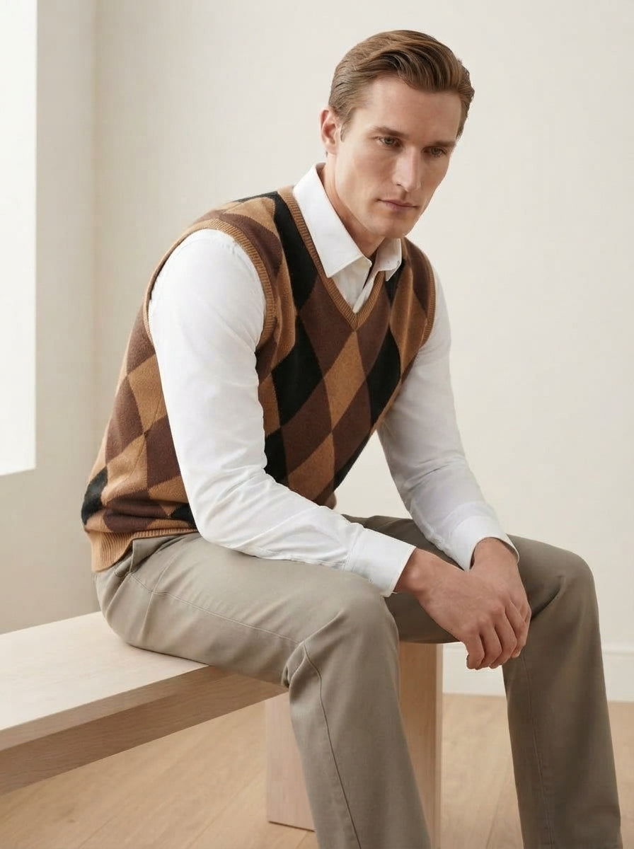Smart-Casual Knitted Argyle V-Neck Sweater Vest - Coffee