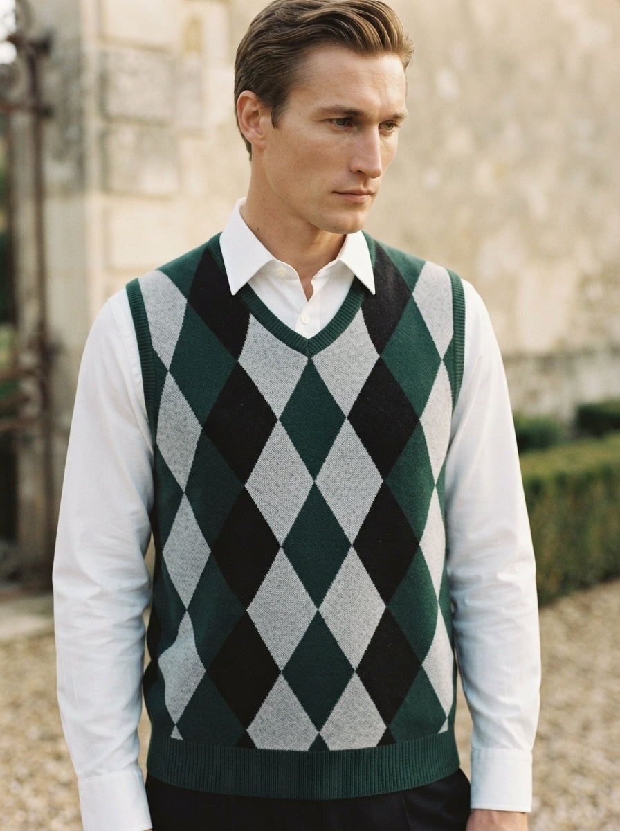 Smart-Casual Knitted Argyle V-Neck Sweater Vest - Dark Green