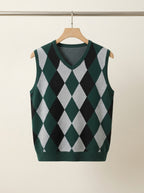 Smart-Casual Knitted Argyle V-Neck Sweater Vest - Dark Green