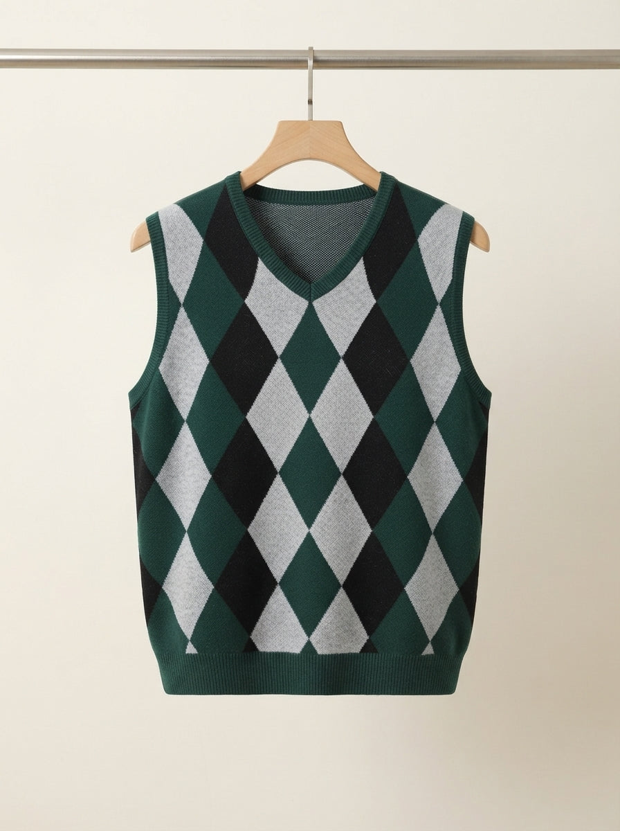 Smart-Casual Knitted Argyle V-Neck Sweater Vest - Dark Green