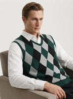 Smart-Casual Knitted Argyle V-Neck Sweater Vest - Dark Green