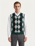 Smart-Casual Knitted Argyle V-Neck Sweater Vest - Dark Green