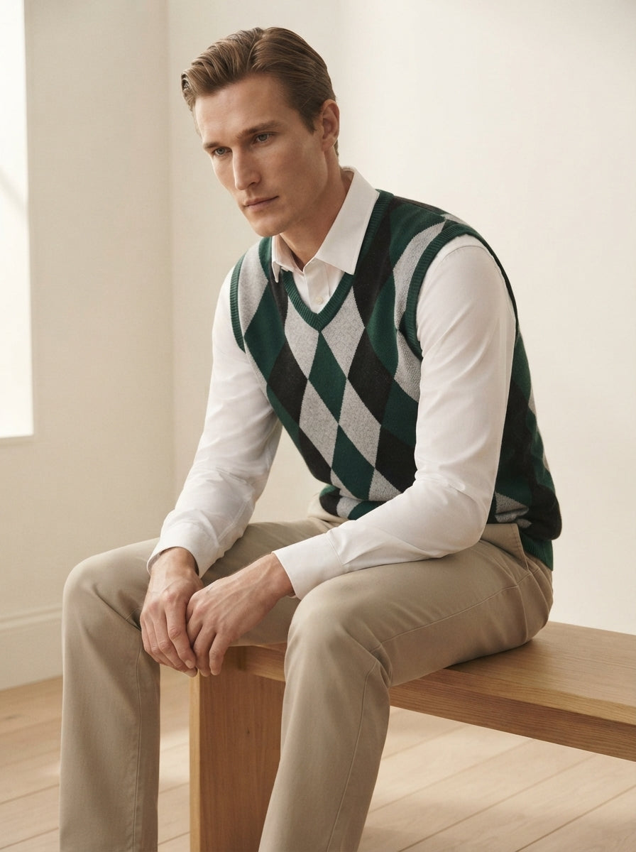 Smart-Casual Knitted Argyle V-Neck Sweater Vest - Dark Green