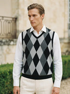 Smart-Casual Knitted Argyle V-Neck Sweater Vest - Dark Grey