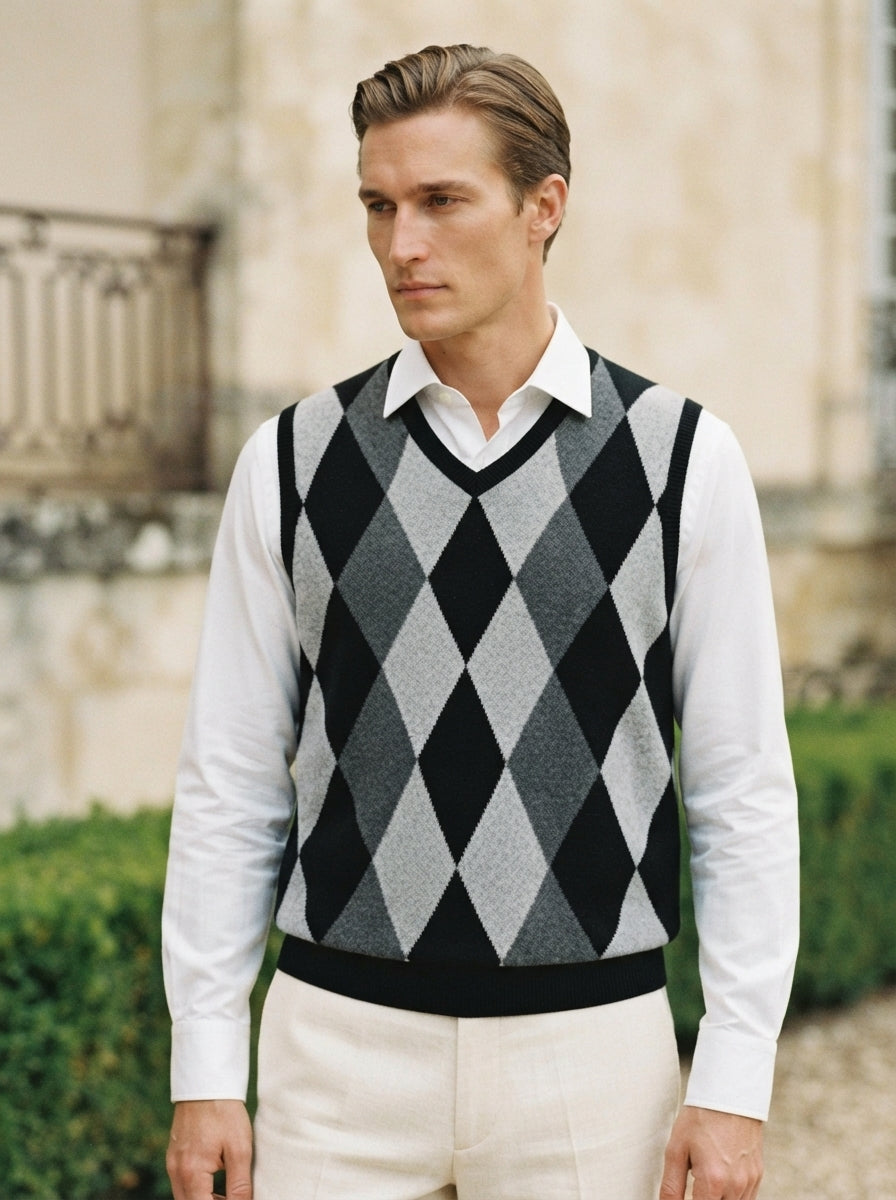 Smart-Casual Knitted Argyle V-Neck Sweater Vest - Dark Grey
