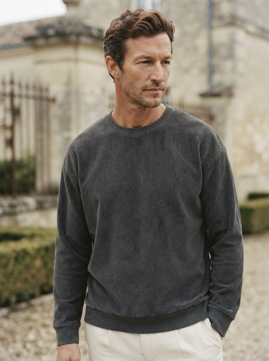 Casual Corduroy Drop Shoulder Sweatshirt - Dark Grey Estate Closeup