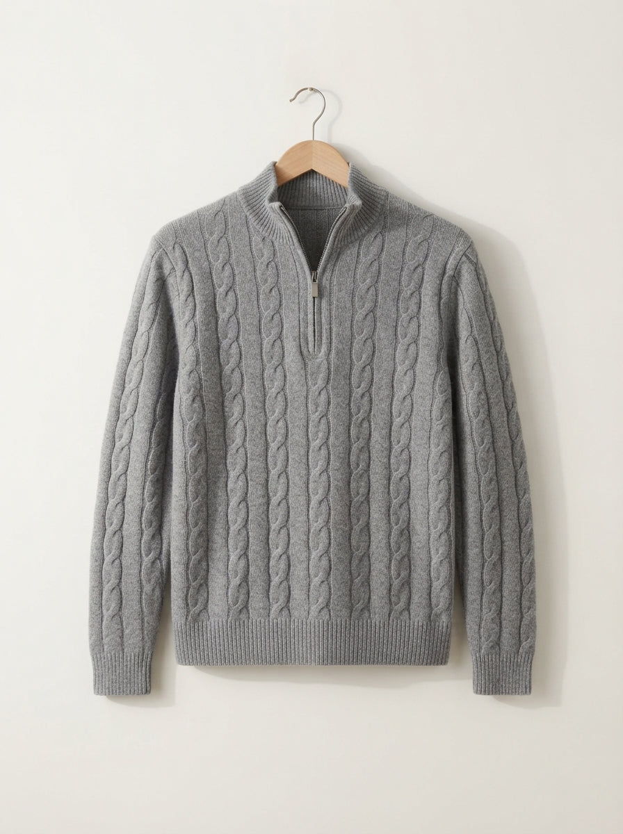 Merino Wool Cable Knit Quarter Zip Sweater