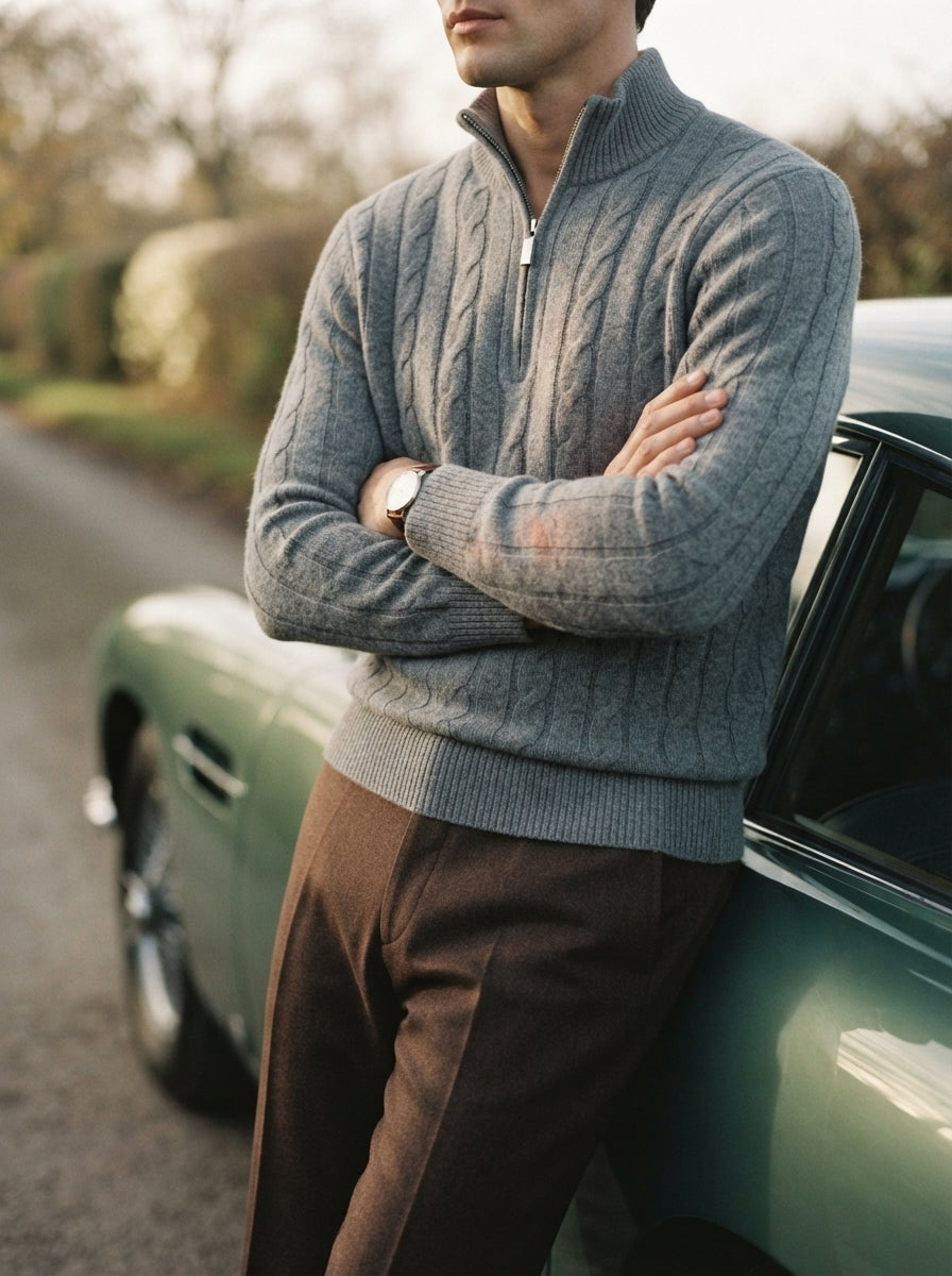Merino Wool Cable Knit Quarter Zip Sweater